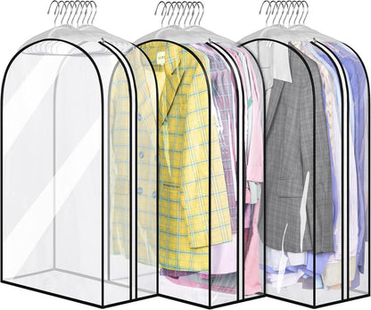 32" All Clear Garment Bags for Hanging Clothes 10" Gusseted Suit Bags for Closet Storage Suit Cover Hanging Clothes Storage for Shirts, Coats, 3 Packs