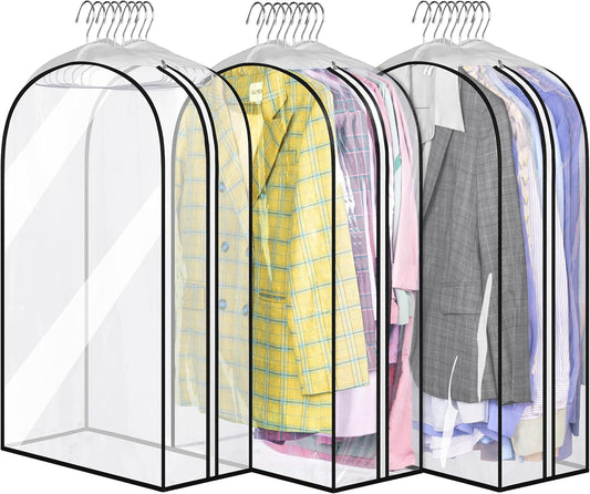 32" All Clear Garment Bags for Hanging Clothes 10" Gusseted Suit Bags for Closet Storage Suit Cover Hanging Clothes Storage for Shirts, Coats, 3 Packs