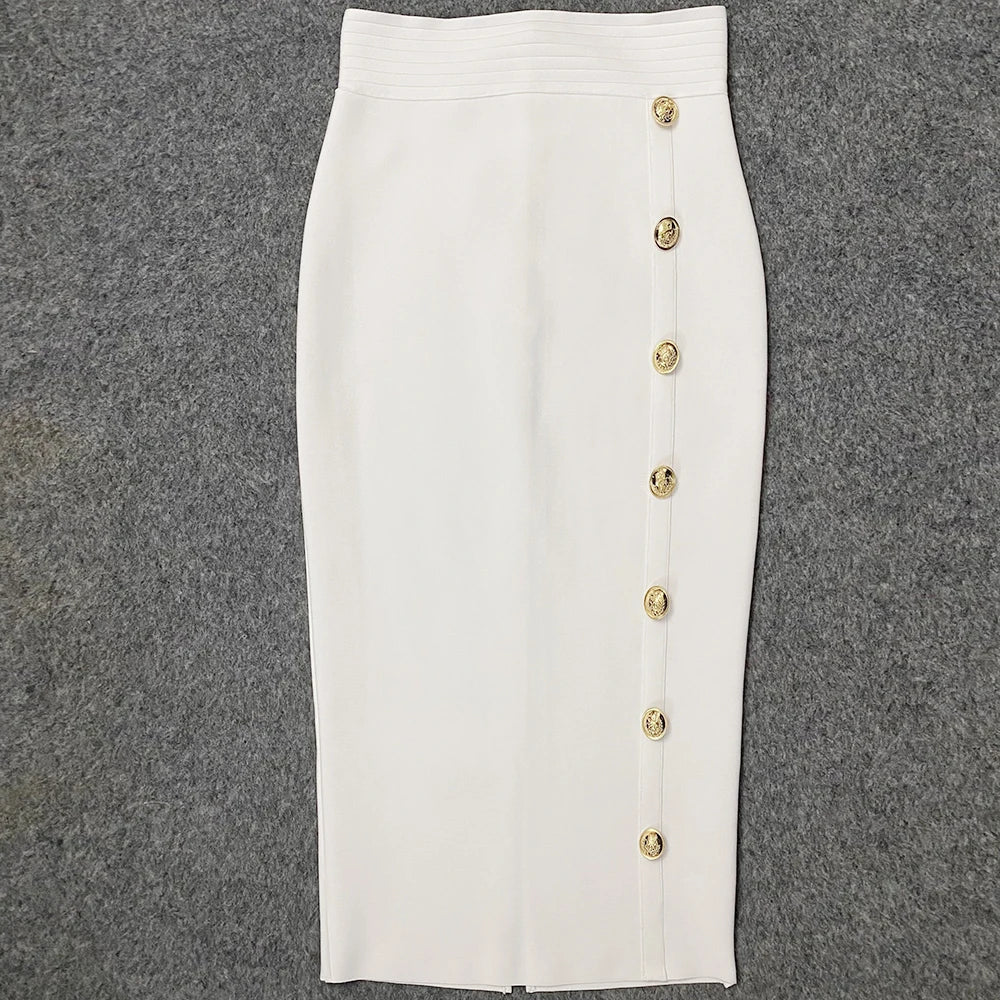 2024 Summer Elegant Midi Pencil Skirt High Waist Bandgae Skirt Black Elastic Bandage Skirts Button Women Clothes