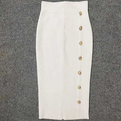 2024 Summer Elegant Midi Pencil Skirt High Waist Bandgae Skirt Black Elastic Bandage Skirts Button Women Clothes