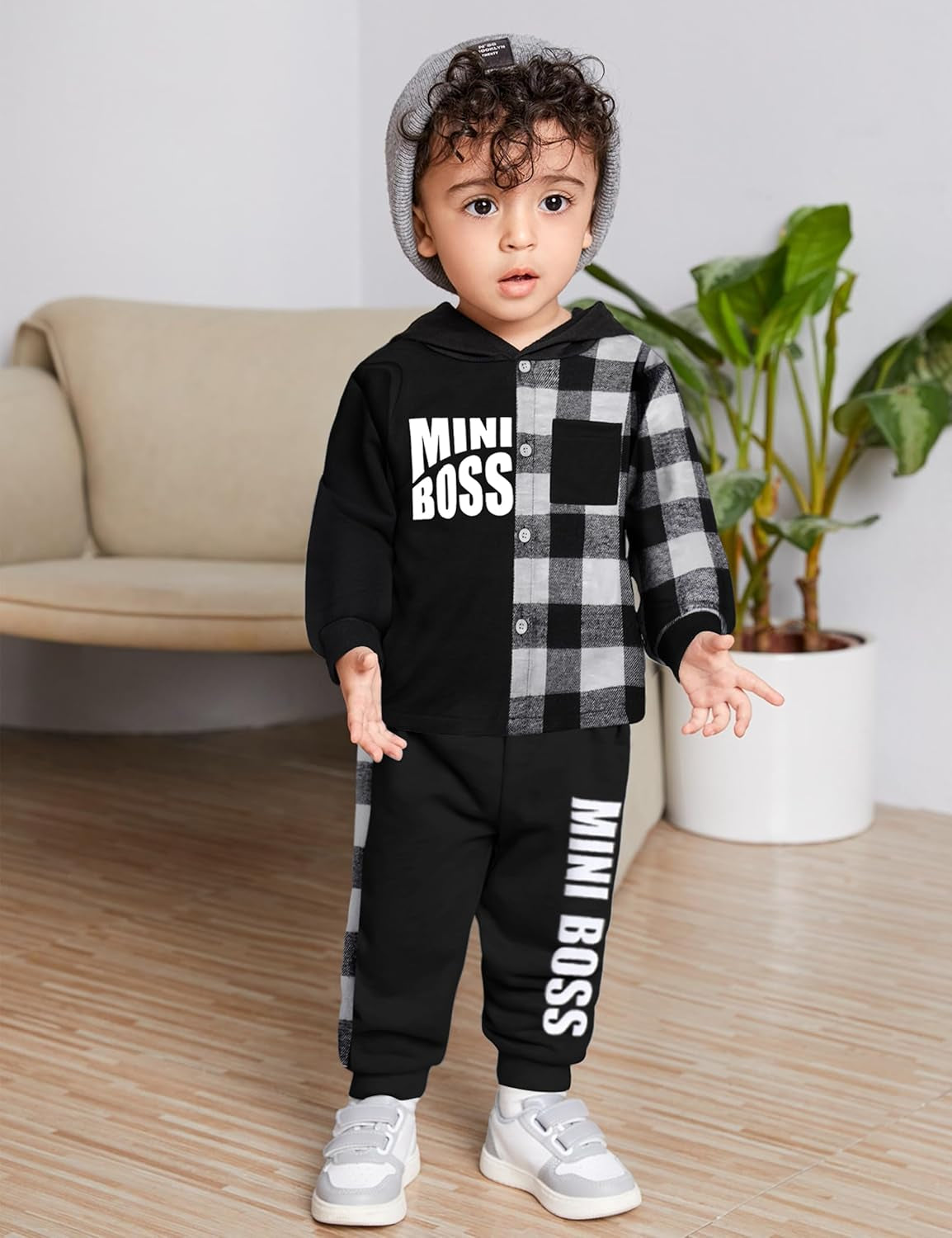 Toddler Baby Boy Clothes Plaid Button down Long Sleeve Hoodie Sweatshirt+Letter Print Pants Fall Winter Outfits