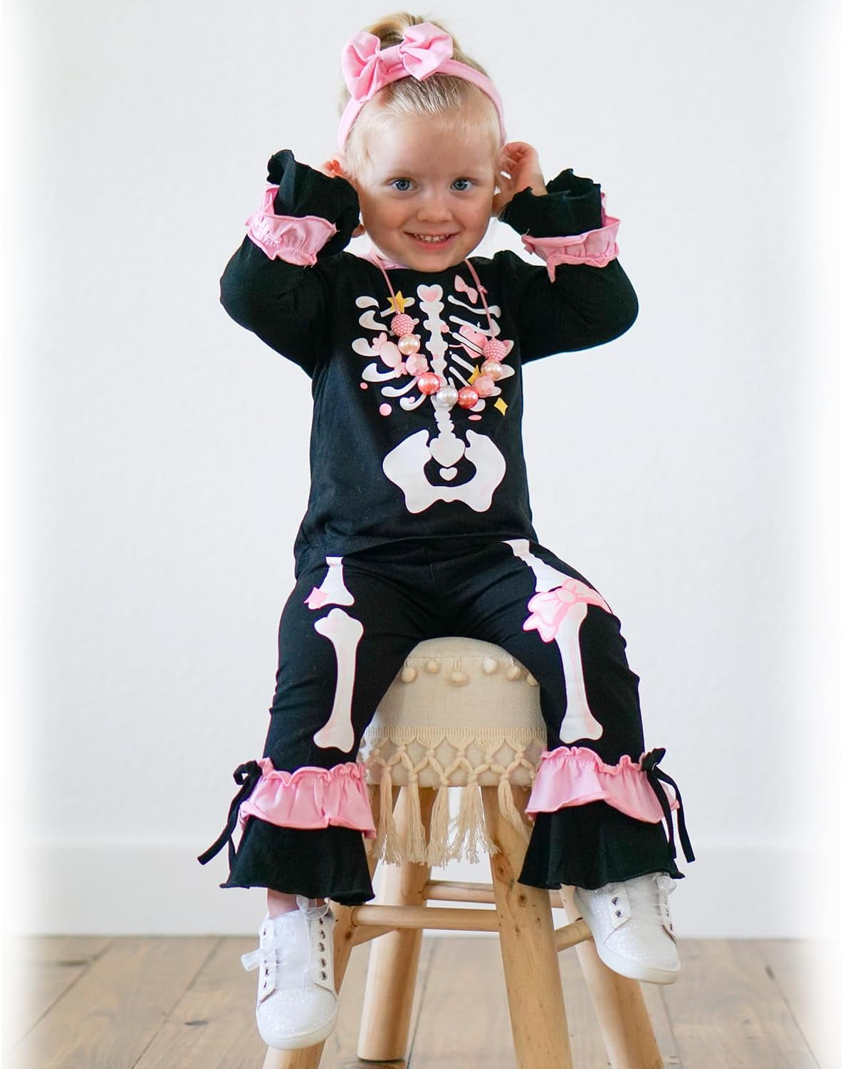 Toddler Baby Girls Halloween Outfits Smiley Ghost Flare Sleeve Top Pumpkin Bell Bottom Pants Set