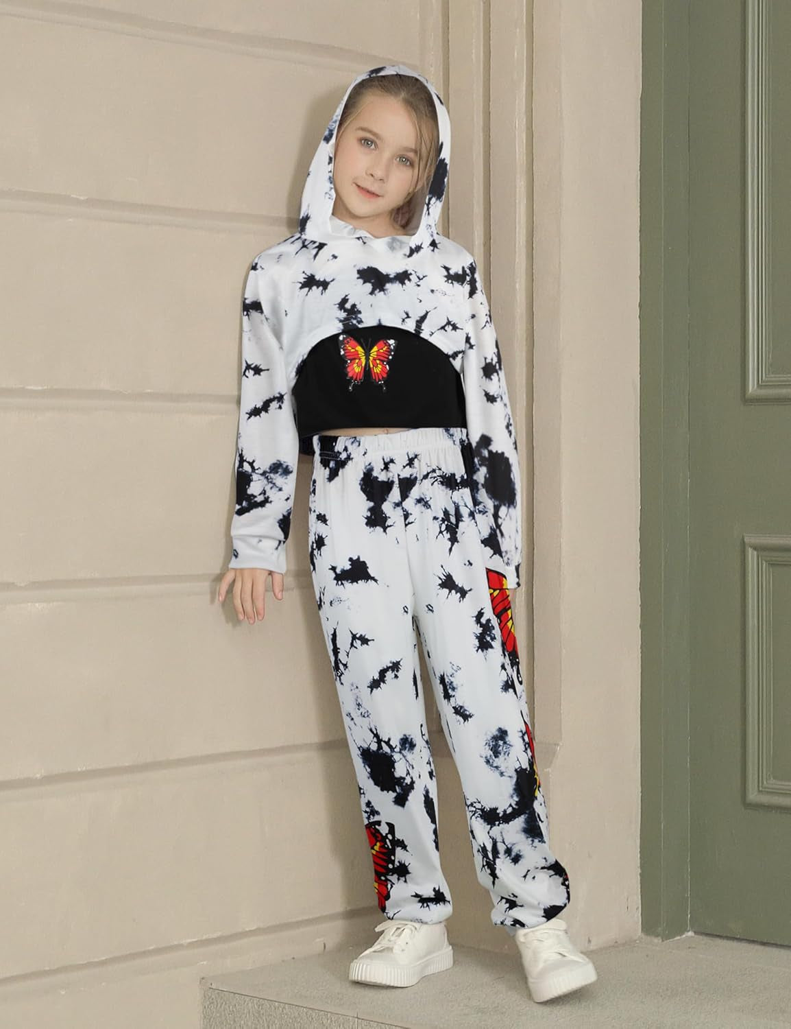 Girls Clothes 3PC Tie-Dye with Butterfly Print Hoodie Sweatshirt Butterfly Print Cami Tops Sweatpants Girls