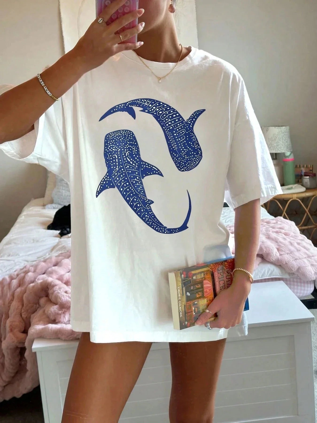 Blue Whale Shark Simple Printing T-Shirts Women Summer Tops Comfortable O-Neck T Shirt Fashion Casual Women Clothes Popular