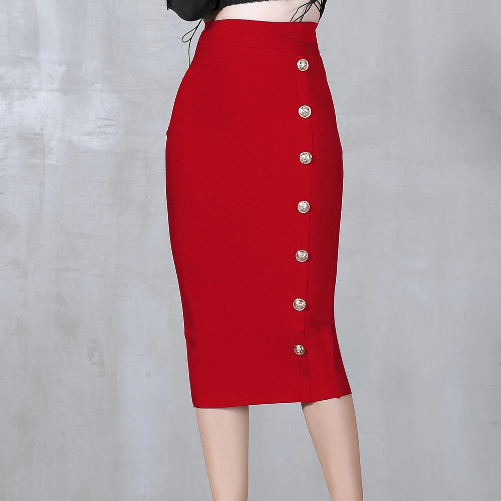 2024 Summer Elegant Midi Pencil Skirt High Waist Bandgae Skirt Black Elastic Bandage Skirts Button Women Clothes