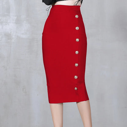 2024 Summer Elegant Midi Pencil Skirt High Waist Bandgae Skirt Black Elastic Bandage Skirts Button Women Clothes