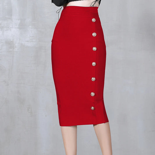 2024 Summer Elegant Midi Pencil Skirt High Waist Bandgae Skirt Black Elastic Bandage Skirts Button Women Clothes