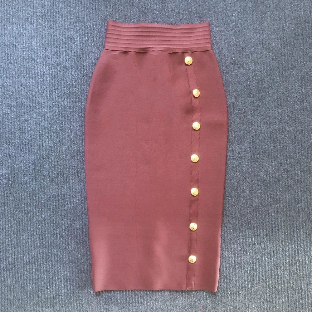 2024 Summer Elegant Midi Pencil Skirt High Waist Bandgae Skirt Black Elastic Bandage Skirts Button Women Clothes
