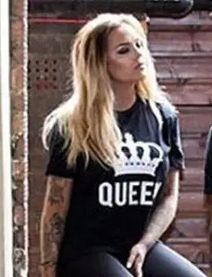 2024 NEW Funny KING QUEEN Letter Printed Black Tshirts  Summer Casual Cotton Short Sleeve Tees Tops Brand Loose Couple Tops