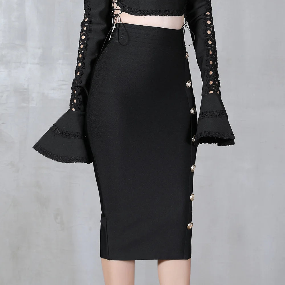 2024 Summer Elegant Midi Pencil Skirt High Waist Bandgae Skirt Black Elastic Bandage Skirts Button Women Clothes