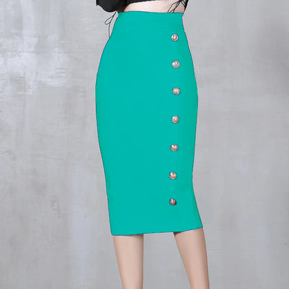 2024 Summer Elegant Midi Pencil Skirt High Waist Bandgae Skirt Black Elastic Bandage Skirts Button Women Clothes
