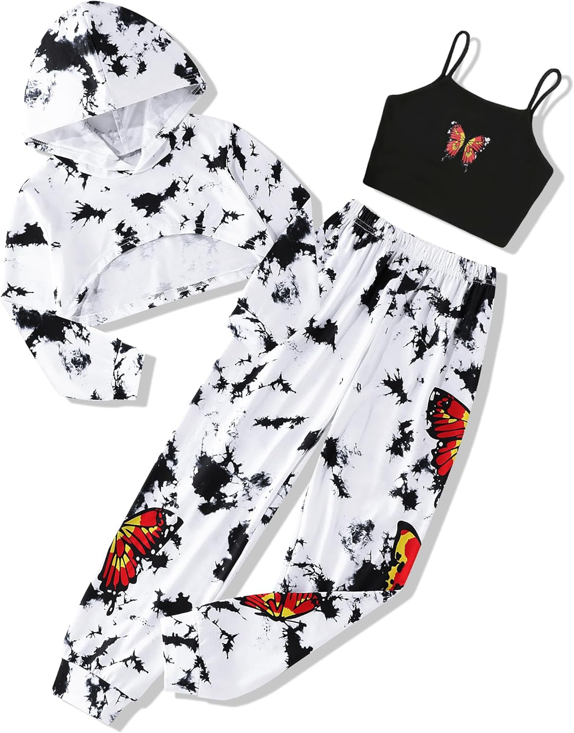 Girls Clothes 3PC Tie-Dye with Butterfly Print Hoodie Sweatshirt Butterfly Print Cami Tops Sweatpants Girls