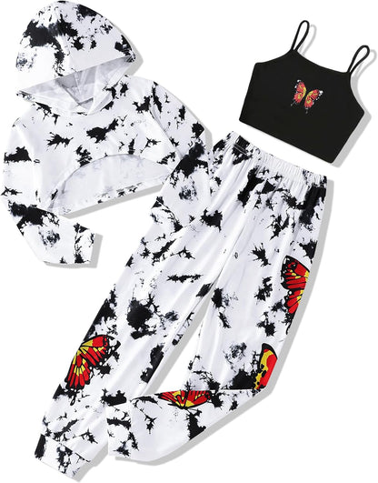 Girls Clothes 3PC Tie-Dye with Butterfly Print Hoodie Sweatshirt Butterfly Print Cami Tops Sweatpants Girls