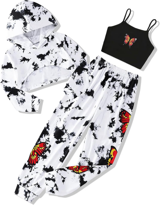 Girls Clothes 3PC Tie-Dye with Butterfly Print Hoodie Sweatshirt Butterfly Print Cami Tops Sweatpants Girls