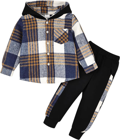Toddler Boy Clothes Fall Winter Outfits Plaid Pocket Hoodie Sweatshirt + Long Sleeve Pants Set 12 Months-6 Years Old