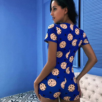 2024 Blue Cookie Print Women'S Basic Button Casual Short Sleeve Rompers Female Bodycon Workout Playsuit Hot S-3XL Overalls