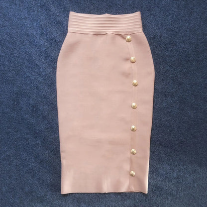 2024 Summer Elegant Midi Pencil Skirt High Waist Bandgae Skirt Black Elastic Bandage Skirts Button Women Clothes