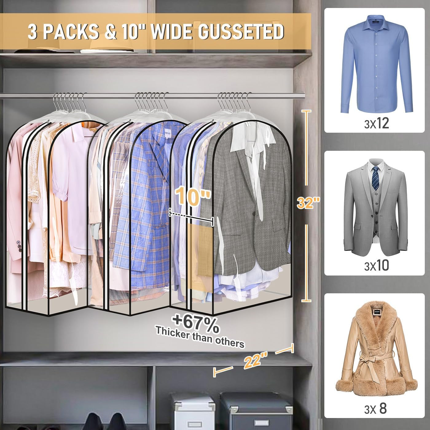 32" All Clear Garment Bags for Hanging Clothes 10" Gusseted Suit Bags for Closet Storage Suit Cover Hanging Clothes Storage for Shirts, Coats, 3 Packs