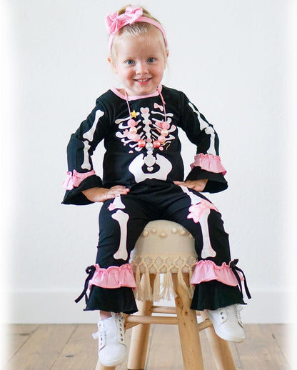 Toddler Baby Girls Halloween Outfits Smiley Ghost Flare Sleeve Top Pumpkin Bell Bottom Pants Set