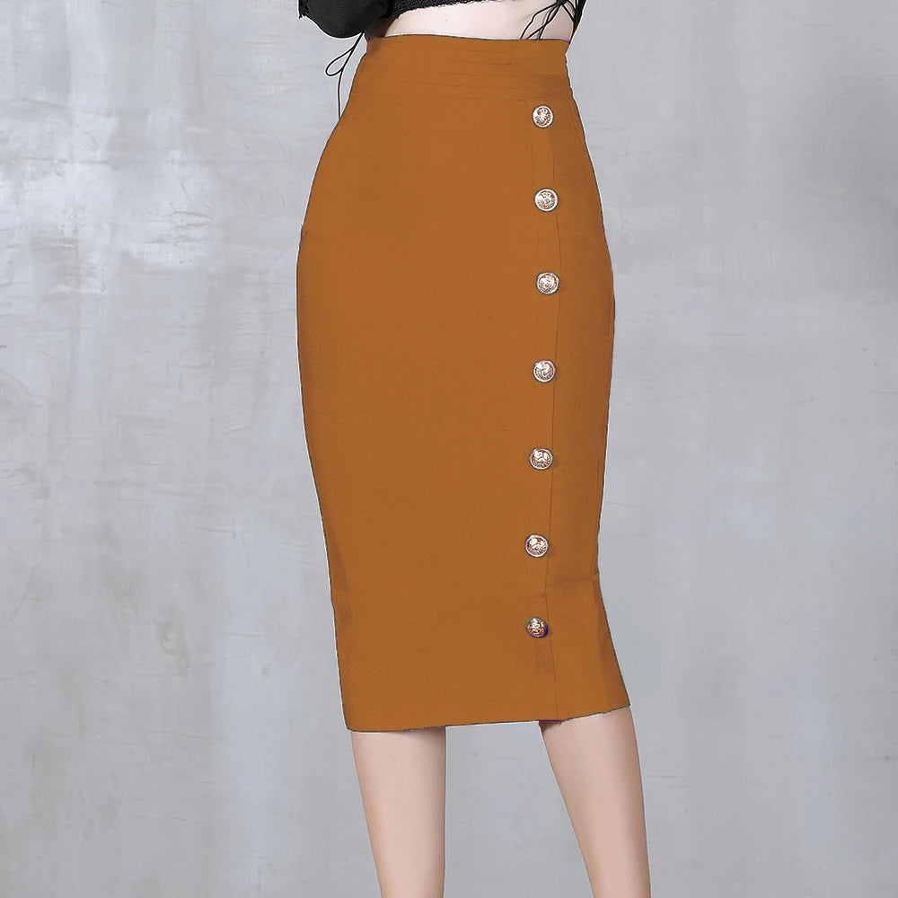 2024 Summer Elegant Midi Pencil Skirt High Waist Bandgae Skirt Black Elastic Bandage Skirts Button Women Clothes