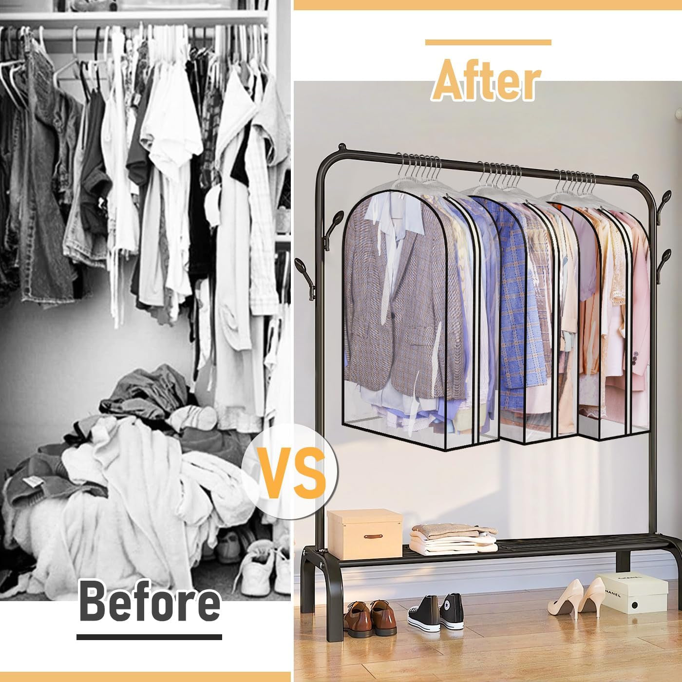 32" All Clear Garment Bags for Hanging Clothes 10" Gusseted Suit Bags for Closet Storage Suit Cover Hanging Clothes Storage for Shirts, Coats, 3 Packs