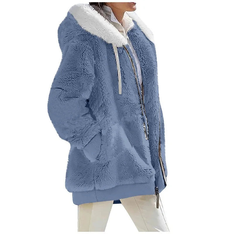 Winter Fashion Women'S Coat New Casual Hooded Zipper Ladies Clothes Cashmere Autumn Women Fleece Jacket Solid Color Ladies Coats