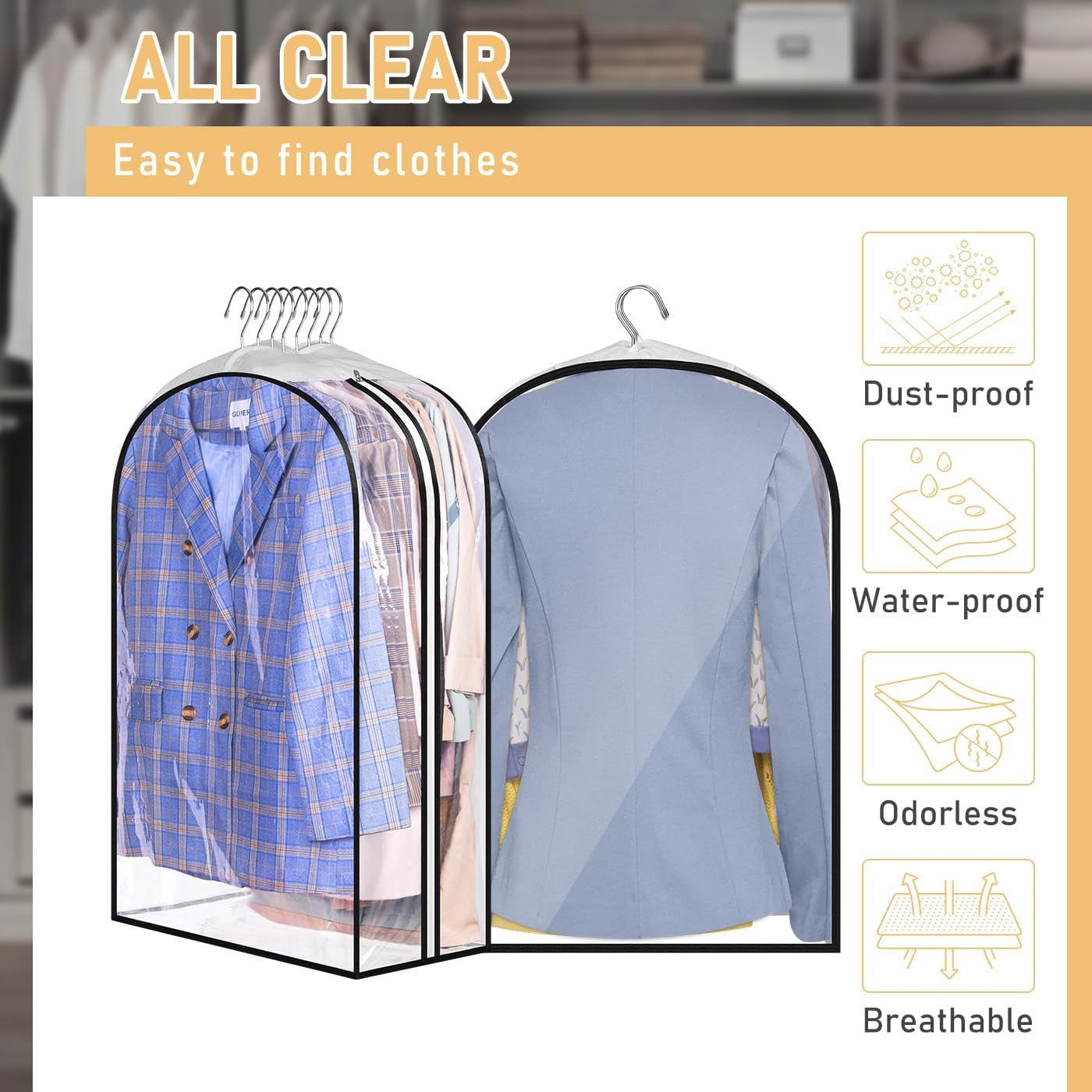 32" All Clear Garment Bags for Hanging Clothes 10" Gusseted Suit Bags for Closet Storage Suit Cover Hanging Clothes Storage for Shirts, Coats, 3 Packs
