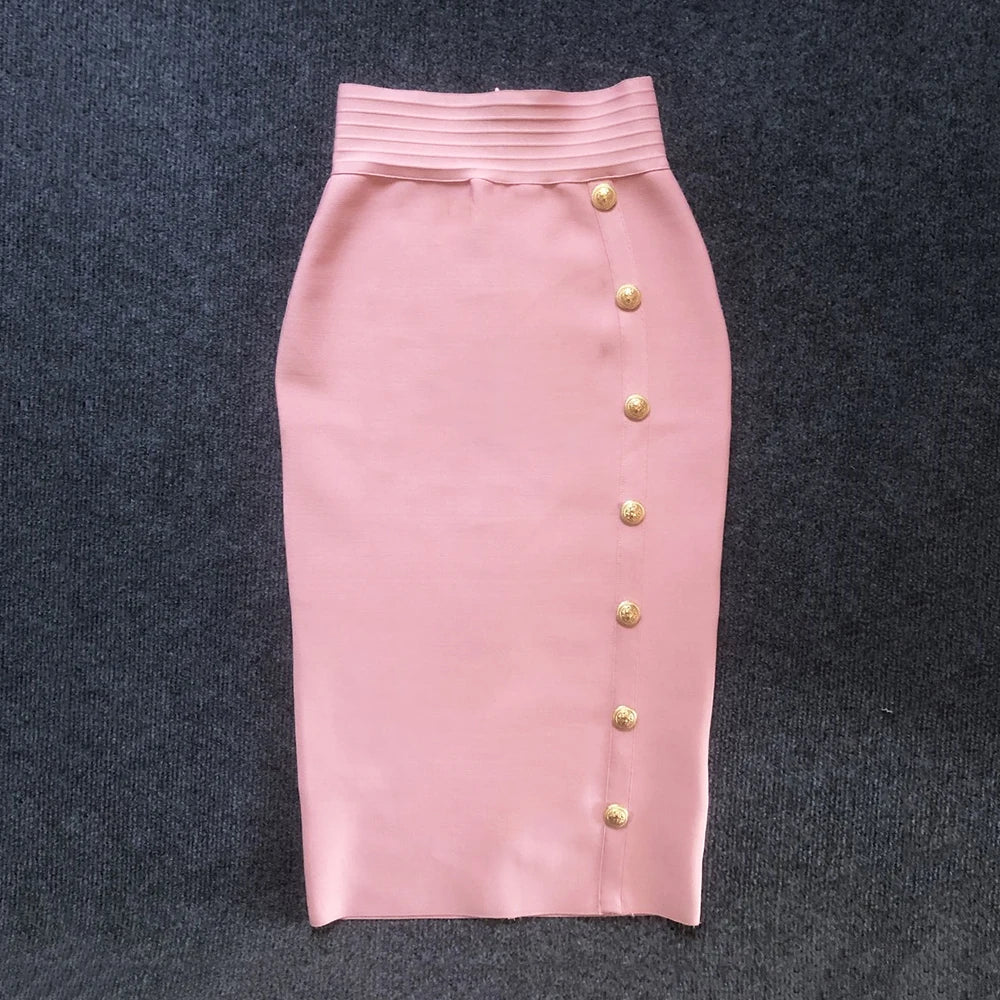 2024 Summer Elegant Midi Pencil Skirt High Waist Bandgae Skirt Black Elastic Bandage Skirts Button Women Clothes