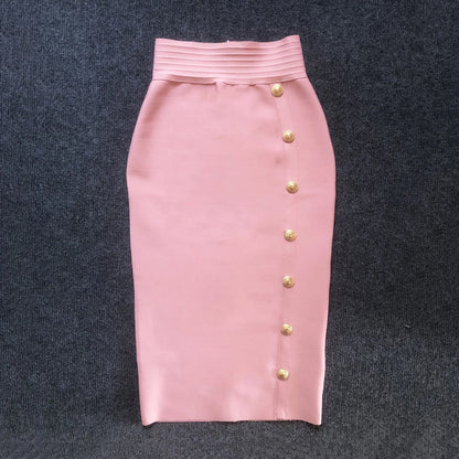 2024 Summer Elegant Midi Pencil Skirt High Waist Bandgae Skirt Black Elastic Bandage Skirts Button Women Clothes