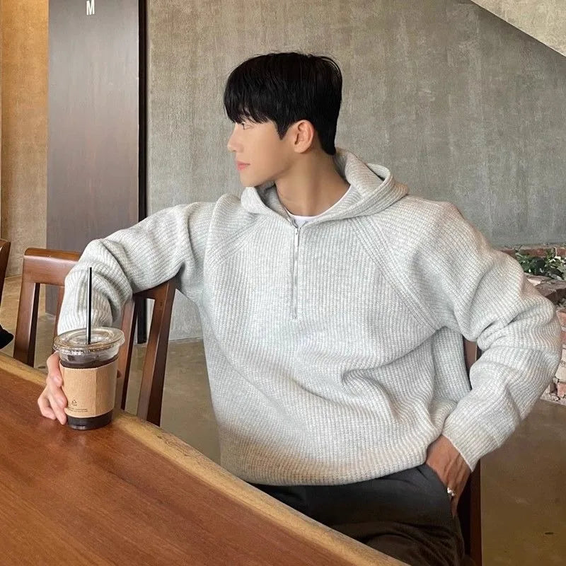 Men'S Hooded Sweatshirt Knitting Solid with Zipper Male Hoodie Clothing Deals Cotton 90S Vintage Luxury Y2K Emo Tops Simple Warm
