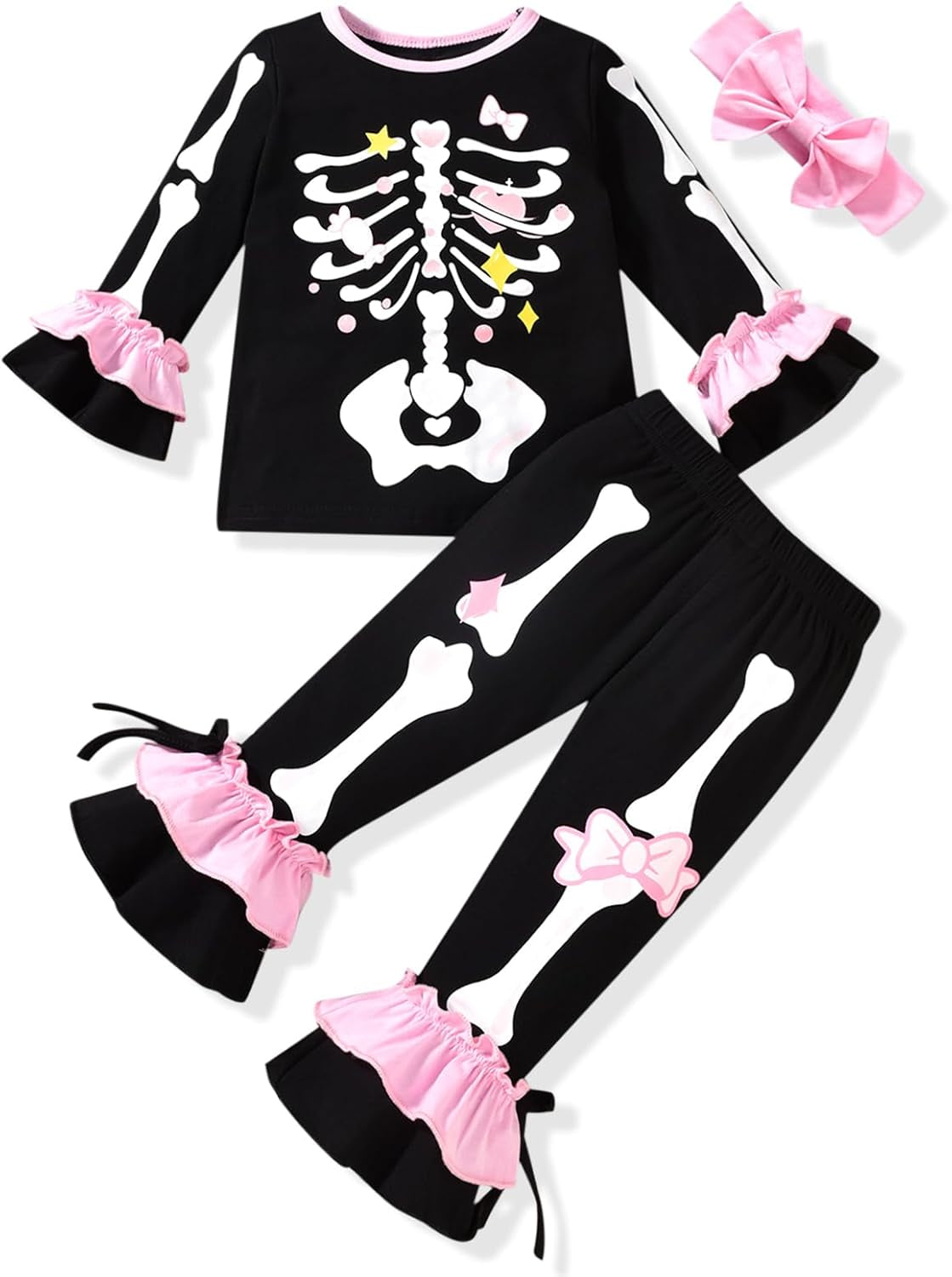 Toddler Baby Girls Halloween Outfits Smiley Ghost Flare Sleeve Top Pumpkin Bell Bottom Pants Set