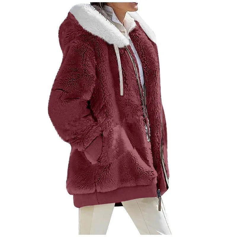 Winter Fashion Women'S Coat New Casual Hooded Zipper Ladies Clothes Cashmere Autumn Women Fleece Jacket Solid Color Ladies Coats