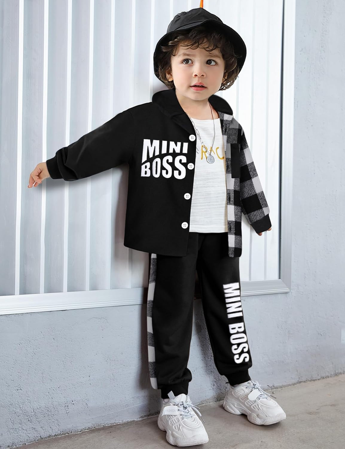 Toddler Baby Boy Clothes Plaid Button down Long Sleeve Hoodie Sweatshirt+Letter Print Pants Fall Winter Outfits