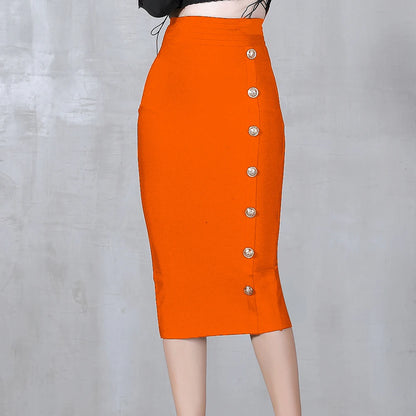 2024 Summer Elegant Midi Pencil Skirt High Waist Bandgae Skirt Black Elastic Bandage Skirts Button Women Clothes