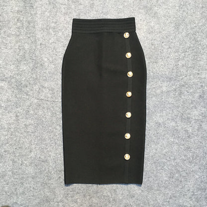 2024 Summer Elegant Midi Pencil Skirt High Waist Bandgae Skirt Black Elastic Bandage Skirts Button Women Clothes