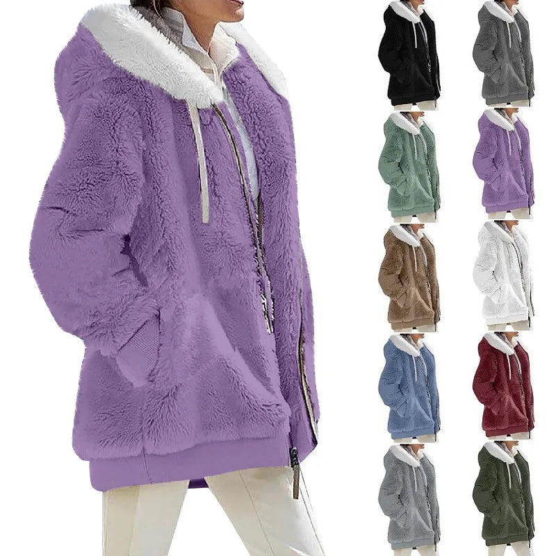 Winter Fashion Women'S Coat New Casual Hooded Zipper Ladies Clothes Cashmere Autumn Women Fleece Jacket Solid Color Ladies Coats