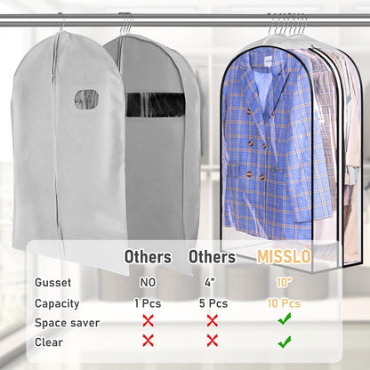 32" All Clear Garment Bags for Hanging Clothes 10" Gusseted Suit Bags for Closet Storage Suit Cover Hanging Clothes Storage for Shirts, Coats, 3 Packs