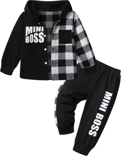 Toddler Baby Boy Clothes Plaid Button down Long Sleeve Hoodie Sweatshirt+Letter Print Pants Fall Winter Outfits