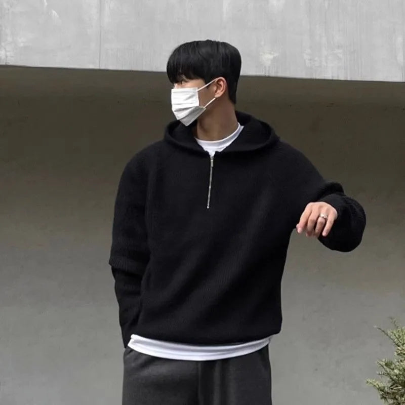 Men'S Hooded Sweatshirt Knitting Solid with Zipper Male Hoodie Clothing Deals Cotton 90S Vintage Luxury Y2K Emo Tops Simple Warm