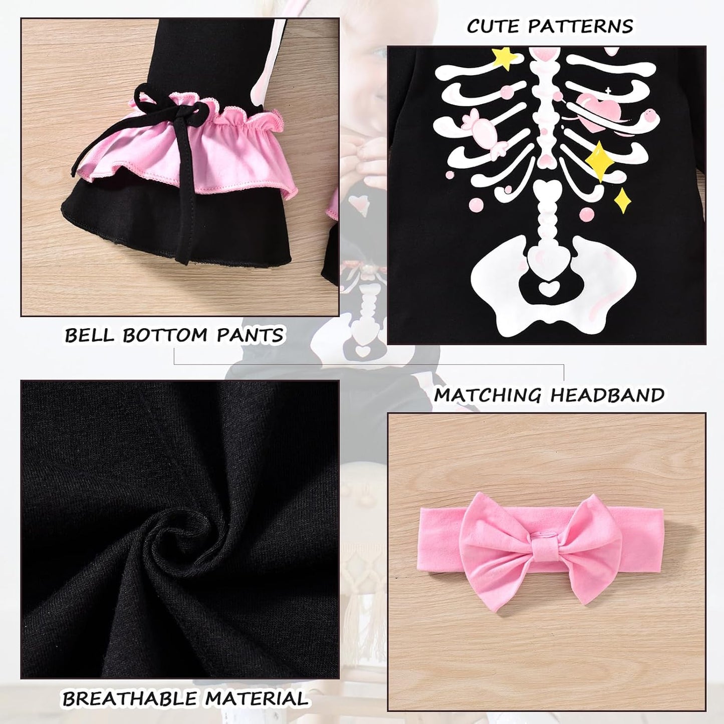 Toddler Baby Girls Halloween Outfits Smiley Ghost Flare Sleeve Top Pumpkin Bell Bottom Pants Set