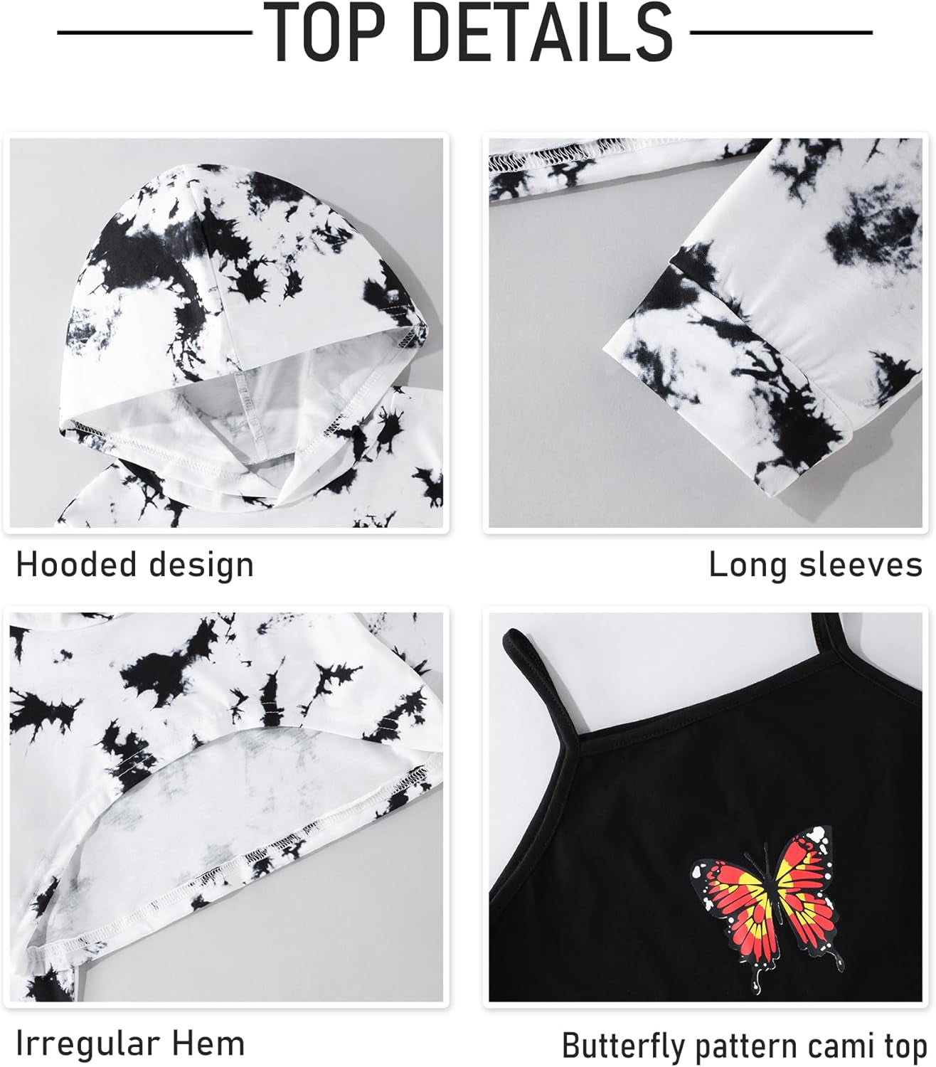 Girls Clothes 3PC Tie-Dye with Butterfly Print Hoodie Sweatshirt Butterfly Print Cami Tops Sweatpants Girls