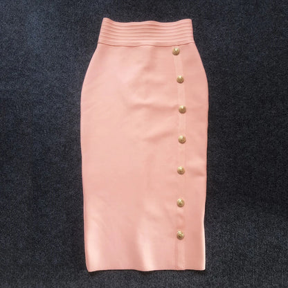 2024 Summer Elegant Midi Pencil Skirt High Waist Bandgae Skirt Black Elastic Bandage Skirts Button Women Clothes