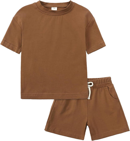 Toddler Kids Plain Short Sleeve T-Shirt and Shorts Set Unisex Cotton Summer Outfit Clothes for Little Boys or Girls