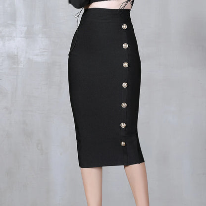 2024 Summer Elegant Midi Pencil Skirt High Waist Bandgae Skirt Black Elastic Bandage Skirts Button Women Clothes