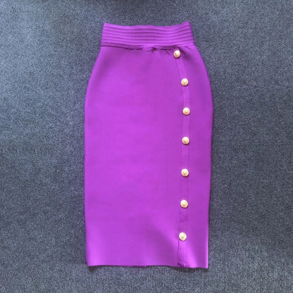 2024 Summer Elegant Midi Pencil Skirt High Waist Bandgae Skirt Black Elastic Bandage Skirts Button Women Clothes