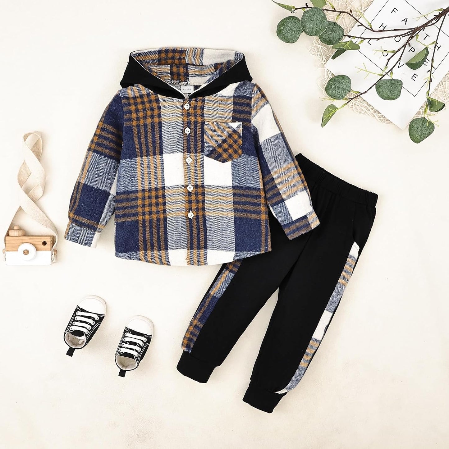 Toddler Boy Clothes Fall Winter Outfits Plaid Pocket Hoodie Sweatshirt + Long Sleeve Pants Set 12 Months-6 Years Old