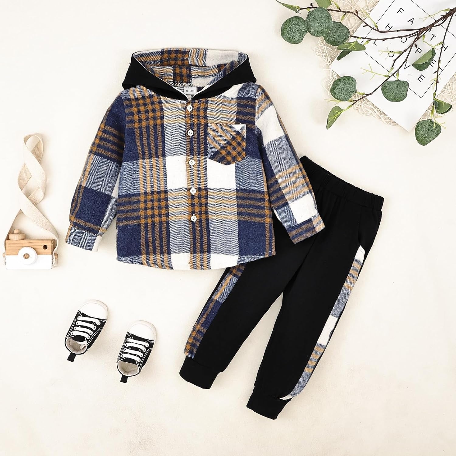 Toddler Boy Clothes Fall Winter Outfits Plaid Pocket Hoodie Sweatshirt + Long Sleeve Pants Set 12 Months-6 Years Old