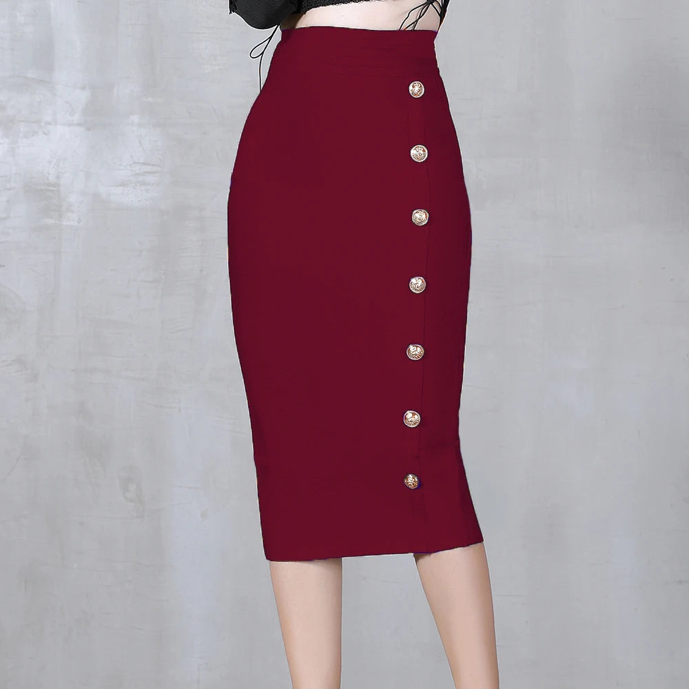 2024 Summer Elegant Midi Pencil Skirt High Waist Bandgae Skirt Black Elastic Bandage Skirts Button Women Clothes