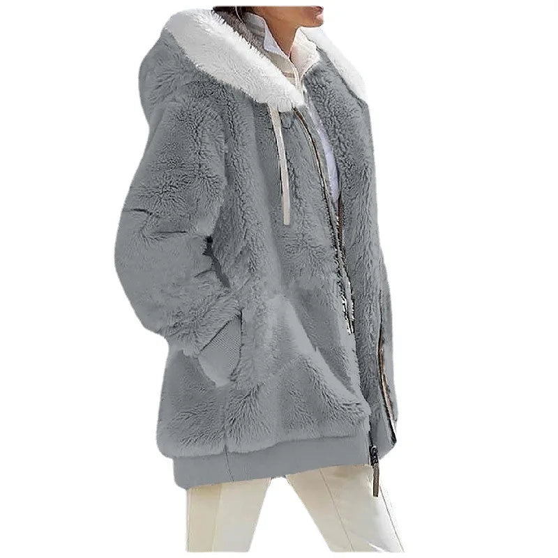 Winter Fashion Women'S Coat New Casual Hooded Zipper Ladies Clothes Cashmere Autumn Women Fleece Jacket Solid Color Ladies Coats