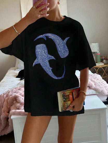 Blue Whale Shark Simple Printing T-Shirts Women Summer Tops Comfortable O-Neck T Shirt Fashion Casual Women Clothes Popular